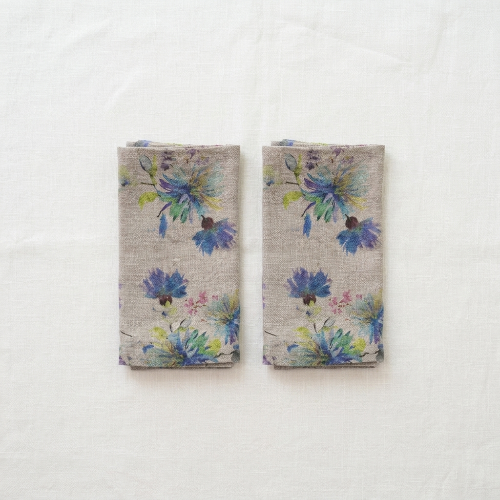 Linneservetter med blommor på naturvit botten, set om två – Linen Tales