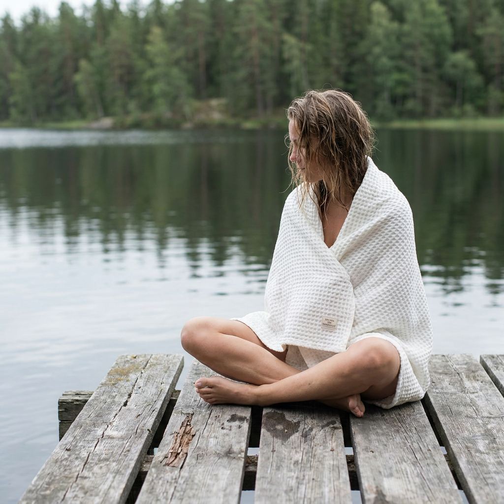 Kvinna med vit våffelhandduk i linne på brygga vid insjö – Noémie Living