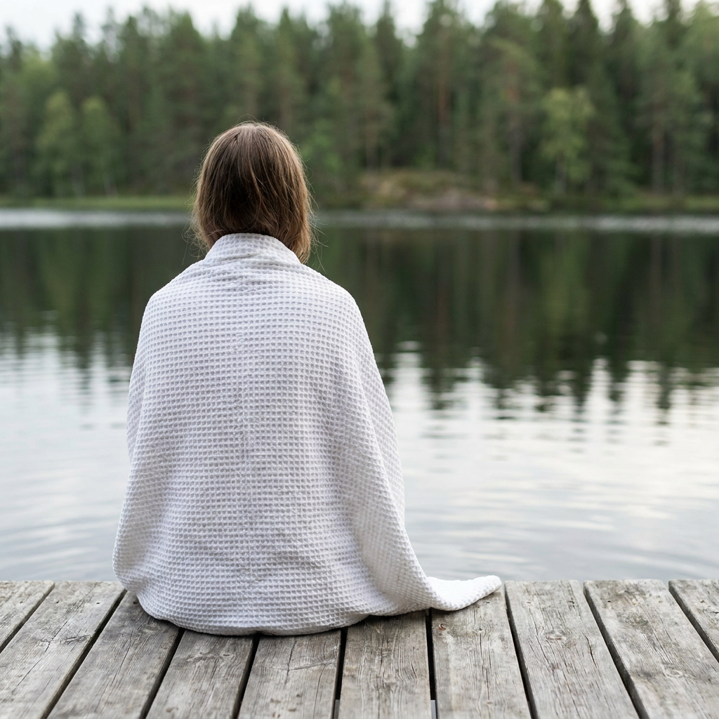 Vit våffelhandduk i linne draperad över axlarna vid sjö – Noémie Living