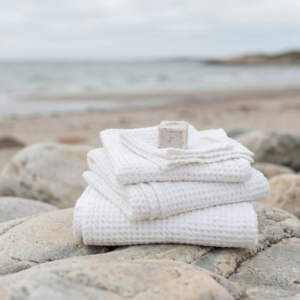 Vikta vita våffelhanddukar i linne på strand – Noémie Living